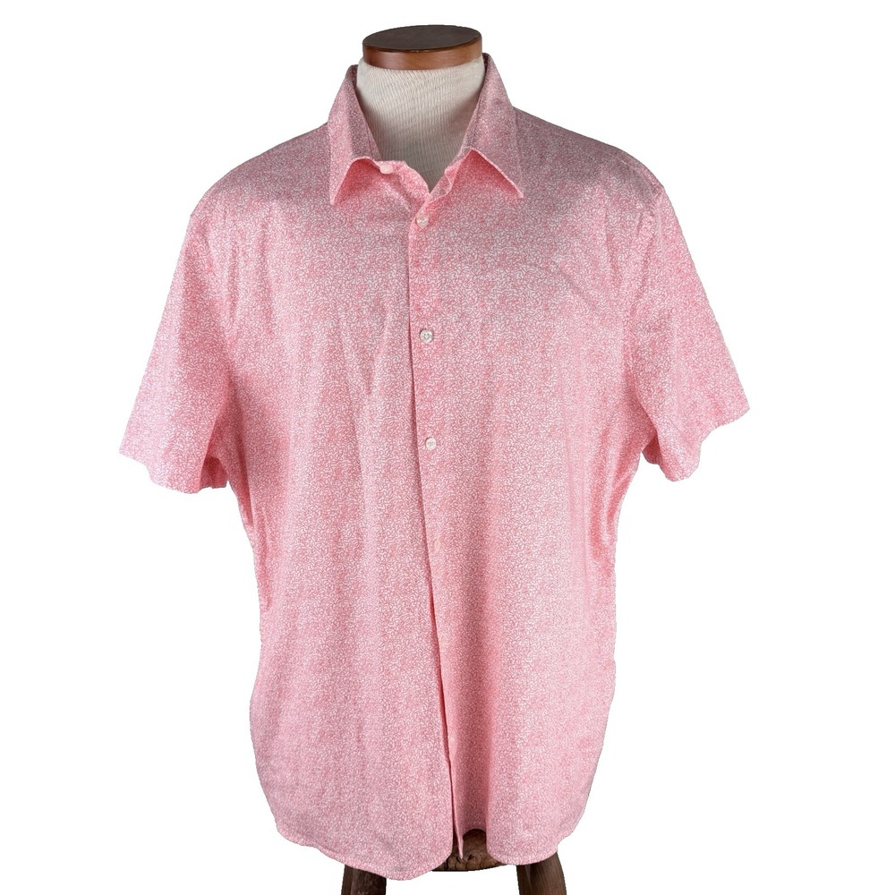 Perry Ellis Button Up Oxford Shirt Men XXL Office Short Sleeve Pink White Print